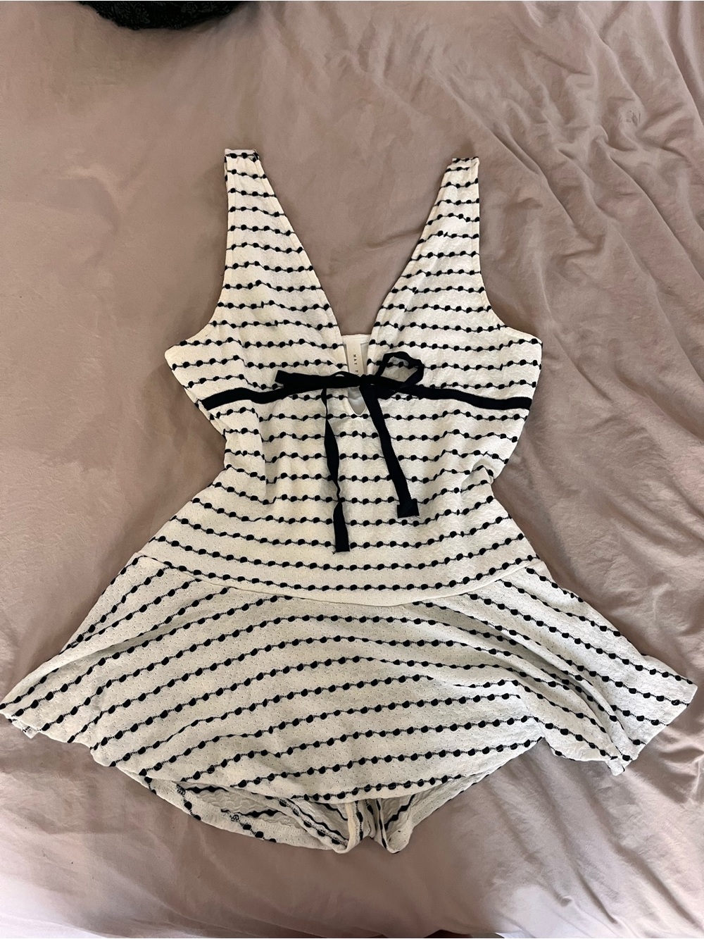White and Black Striped V-Neck Romper with Waist Tie